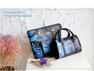 Women Handbags Floral Print 6PCS Handbag and Purse Set Leather Shoulder Tote Work Satchel Crossbody Bags