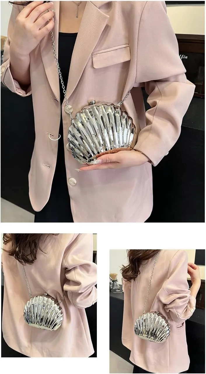Women Seashell Evening Bag Clutch Shell Handbag Purse Metal Chain Crossbody Chain Strap Clutch for Party Wedding Purses
