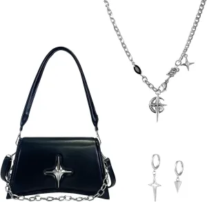 Women Y2k Accessories Set,Shoulder Bag Crossbody Purse, Punk Bag,Gothic Grunge Spike Star Dangle Earrings,Y2K Star Necklace,Y2K Accessories Goth Punk Style for Women