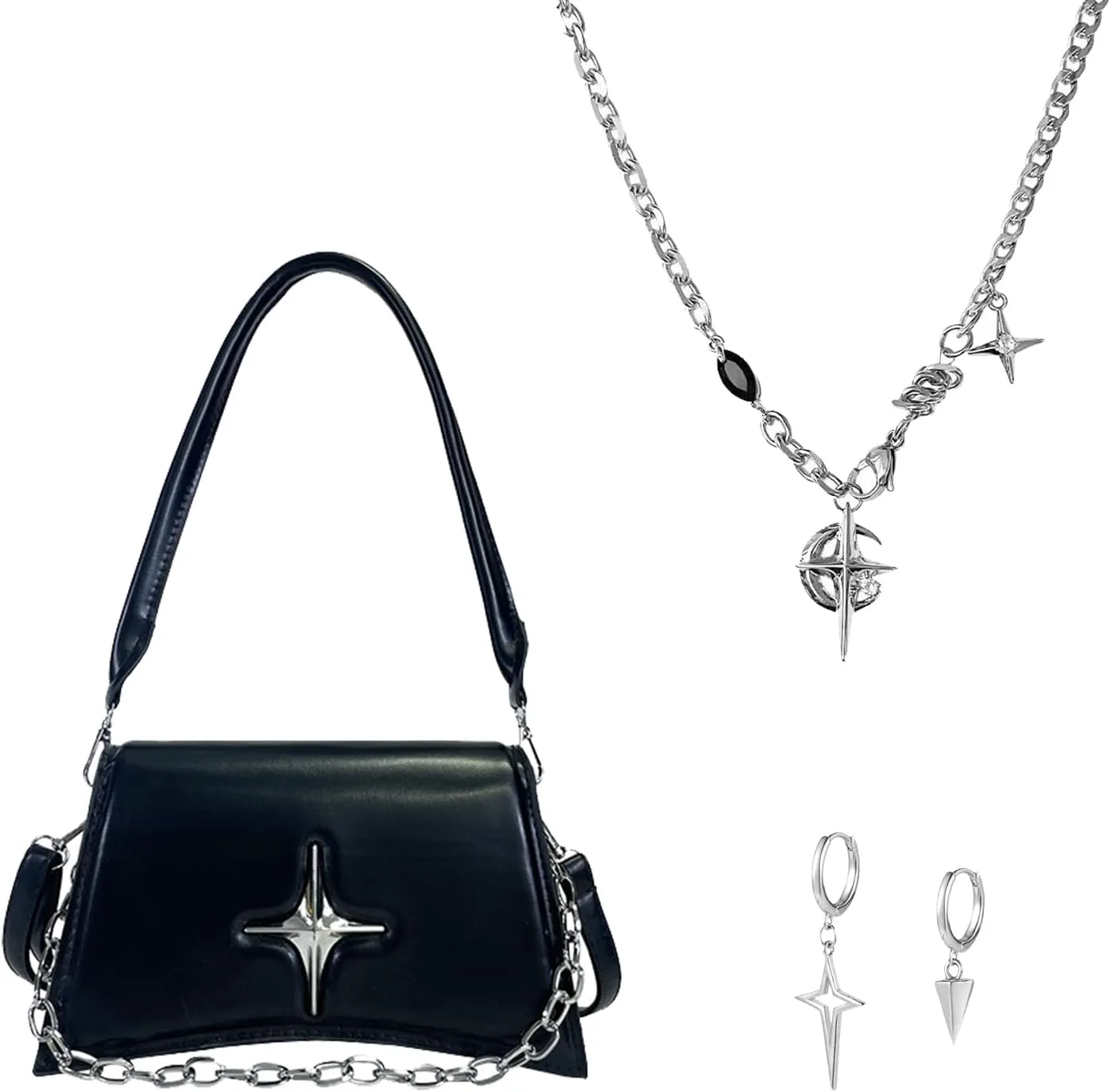 Women Y2k Accessories Set,Shoulder Bag Crossbody Purse, Punk Bag,Gothic Grunge Spike Star Dangle Earrings,Y2K Star Necklace,Y2K Accessories Goth Punk Style for Women