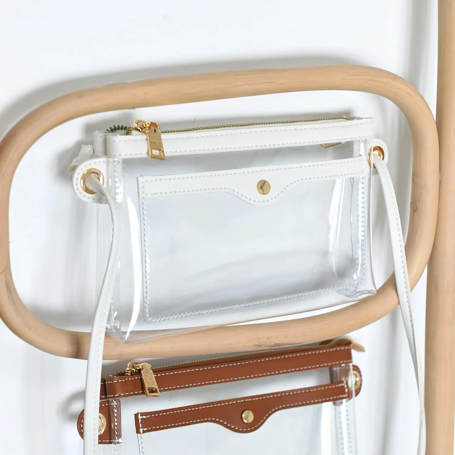 Women's Clear PVC Cross Body Bag Pocket Shoulder Bag with Vegan Leather Trim Transparent Zipper Purse Stadium Approved