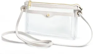 Women's Clear PVC Cross Body Bag Pocket Shoulder Bag with Vegan Leather Trim Transparent Zipper Purse Stadium Approved