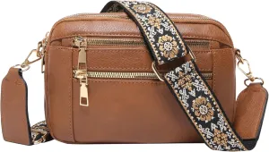 Women's Crossbody Bag, White PU Leather, Floral Strap, Multi-Zipper Compartments