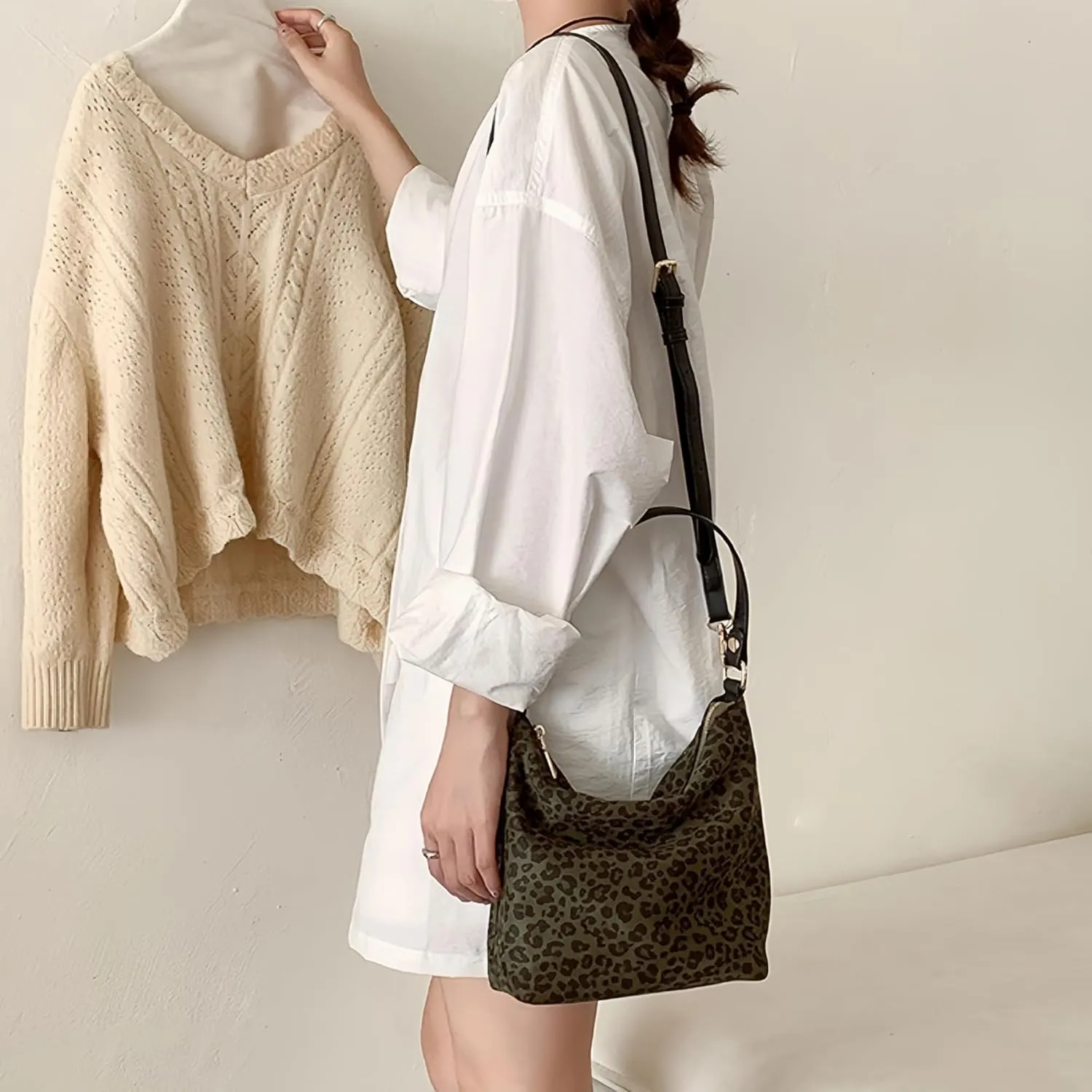 Women's Faux Suede Lightweight Top Handle Crossbody Bag Leopard Print Purse Animal Small Handbag