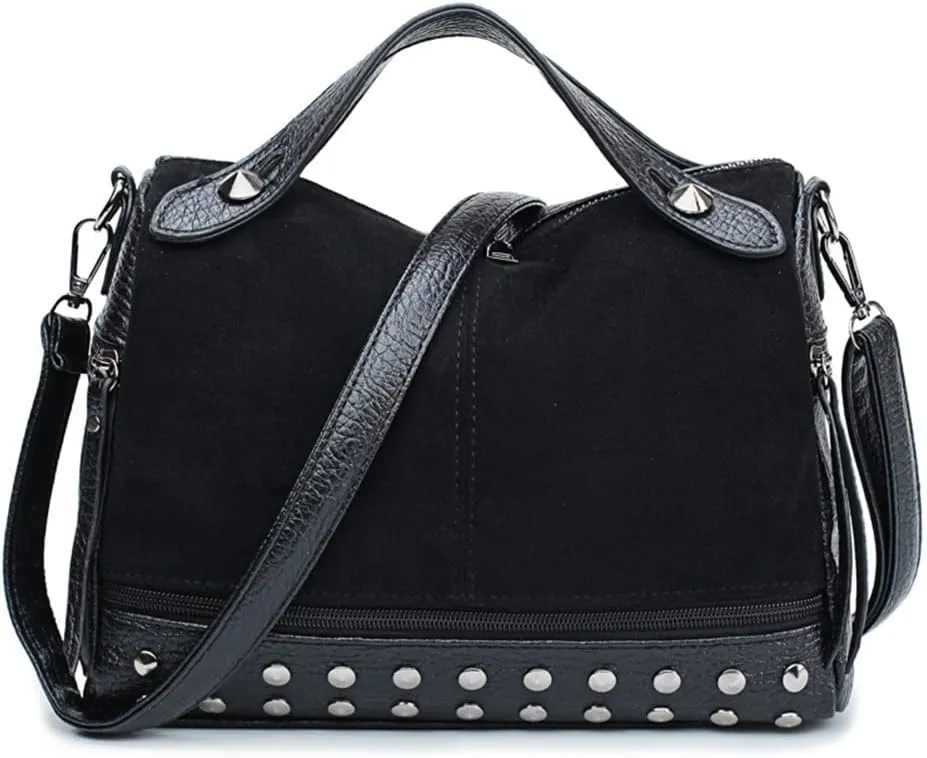 Women's Retro Suede PU Leather Handbag - Shoulder Shopper Work Boston Bag With Rivets - Ladies Crossbody