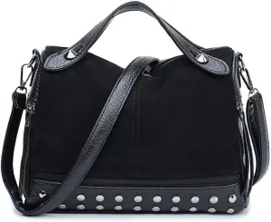 Women's Retro Suede PU Leather Handbag - Shoulder Shopper Work Boston Bag With Rivets - Ladies Crossbody