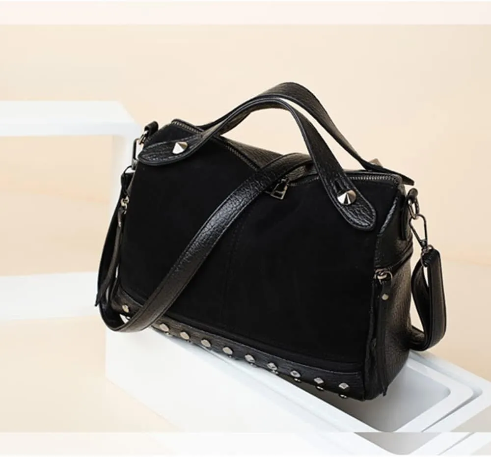 Women's Retro Suede PU Leather Handbag - Shoulder Shopper Work Boston Bag With Rivets - Ladies Crossbody