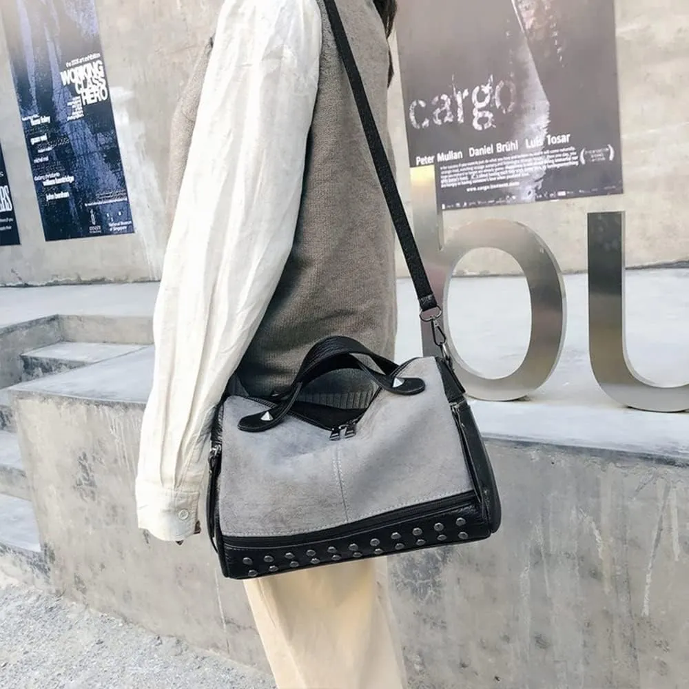 Women's Retro Suede PU Leather Handbag - Shoulder Shopper Work Boston Bag With Rivets - Ladies Crossbody