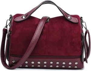 Women's Retro Suede PU Leather Handbag - Shoulder Shopper Work Boston Bag With Rivets - Ladies Crossbody