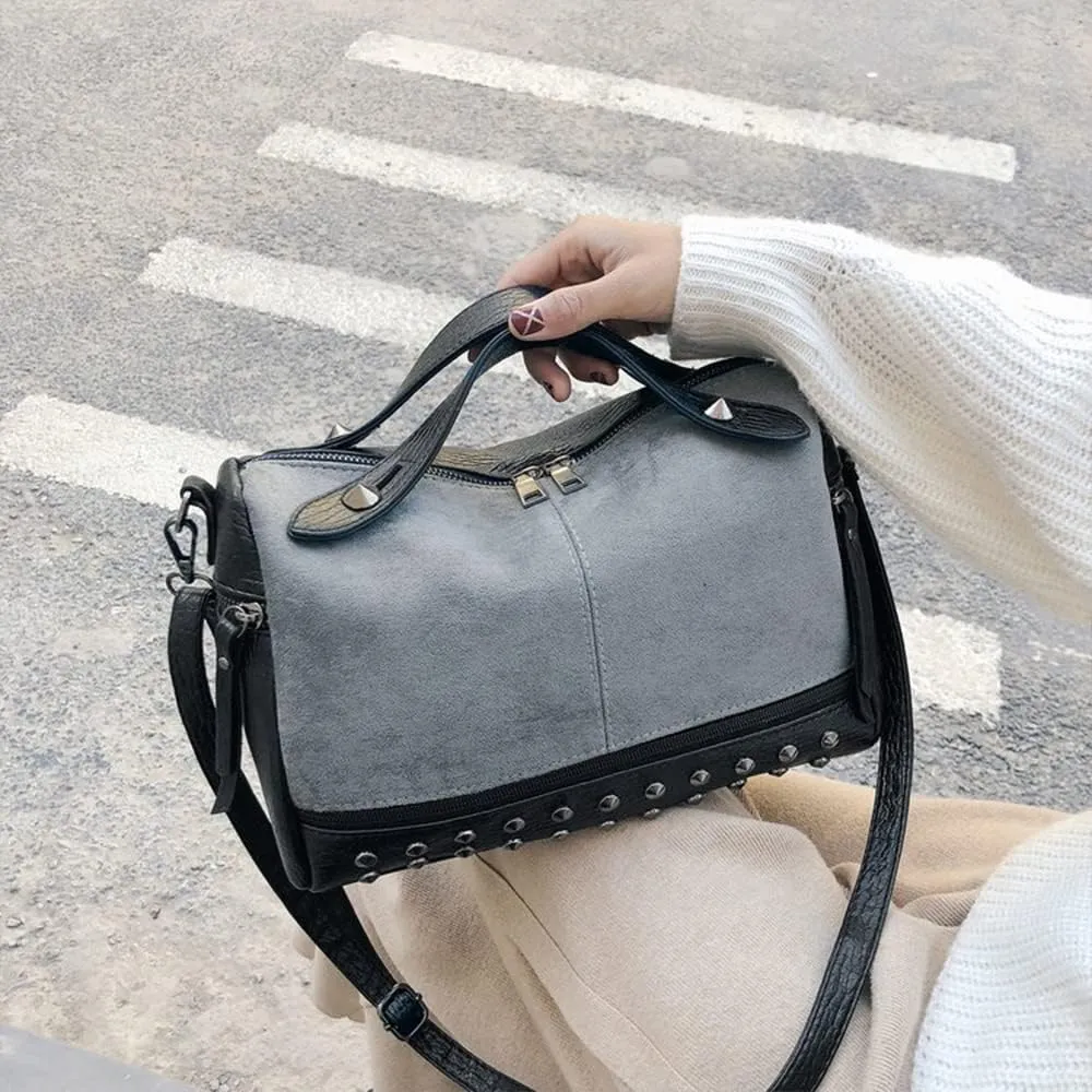 Women's Retro Suede PU Leather Handbag - Shoulder Shopper Work Boston Bag With Rivets - Ladies Crossbody