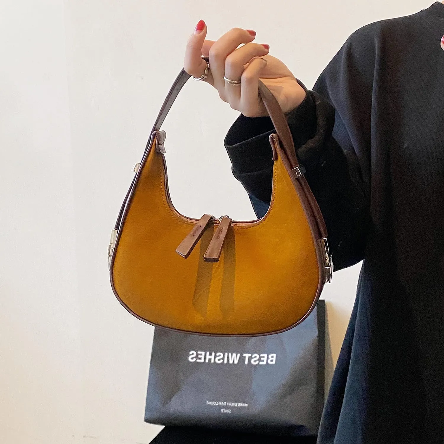 Women’s Suede Crescent Shoulder Bag Leather Top handle Tote Purse Brown Suede Handbag Y2K Underarm Bag Half Moon Purse