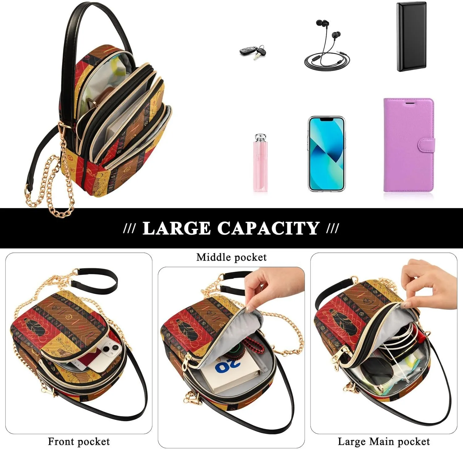 Women's Wave Cross Body Chest Bag, 52 inch Gold Chain Shoulder Handbag Purse
