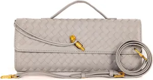 Women's Woven Suede and PU Leather Clutch Purse - Elegant Top-Handle Shoulder Crossbody Evening Bag with Detachable Strap