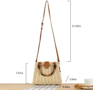 Woven Straw Handbag with Bamboo Handle, Brown Leather Trim, Crossbody Strap, Natural