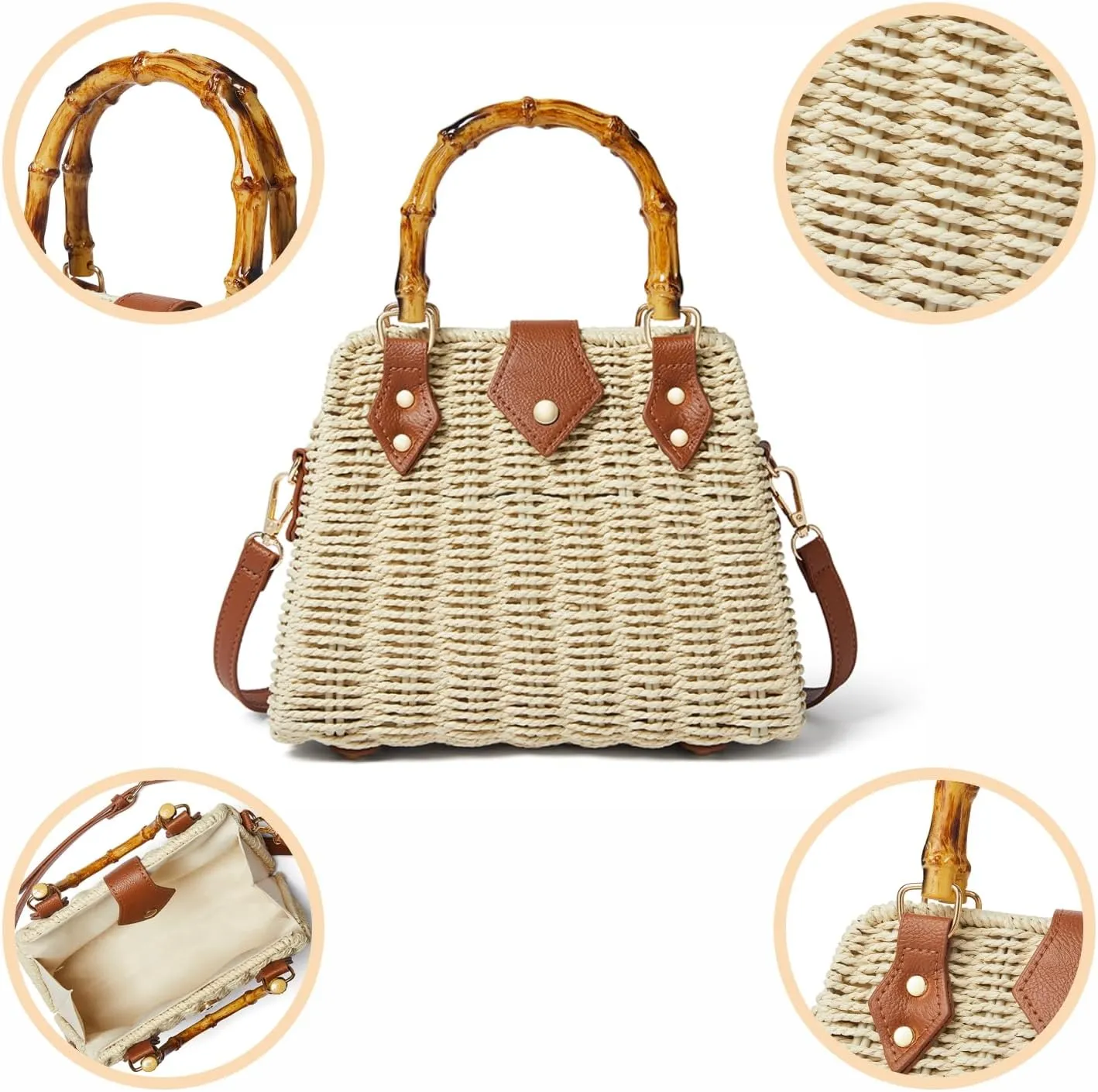 Woven Straw Handbag with Bamboo Handle, Brown Leather Trim, Crossbody Strap, Natural