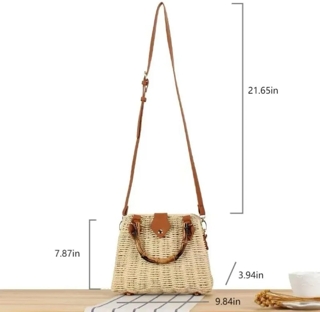 Woven Straw Handbag with Bamboo Handle, Brown Leather Trim, Crossbody Strap, Natural