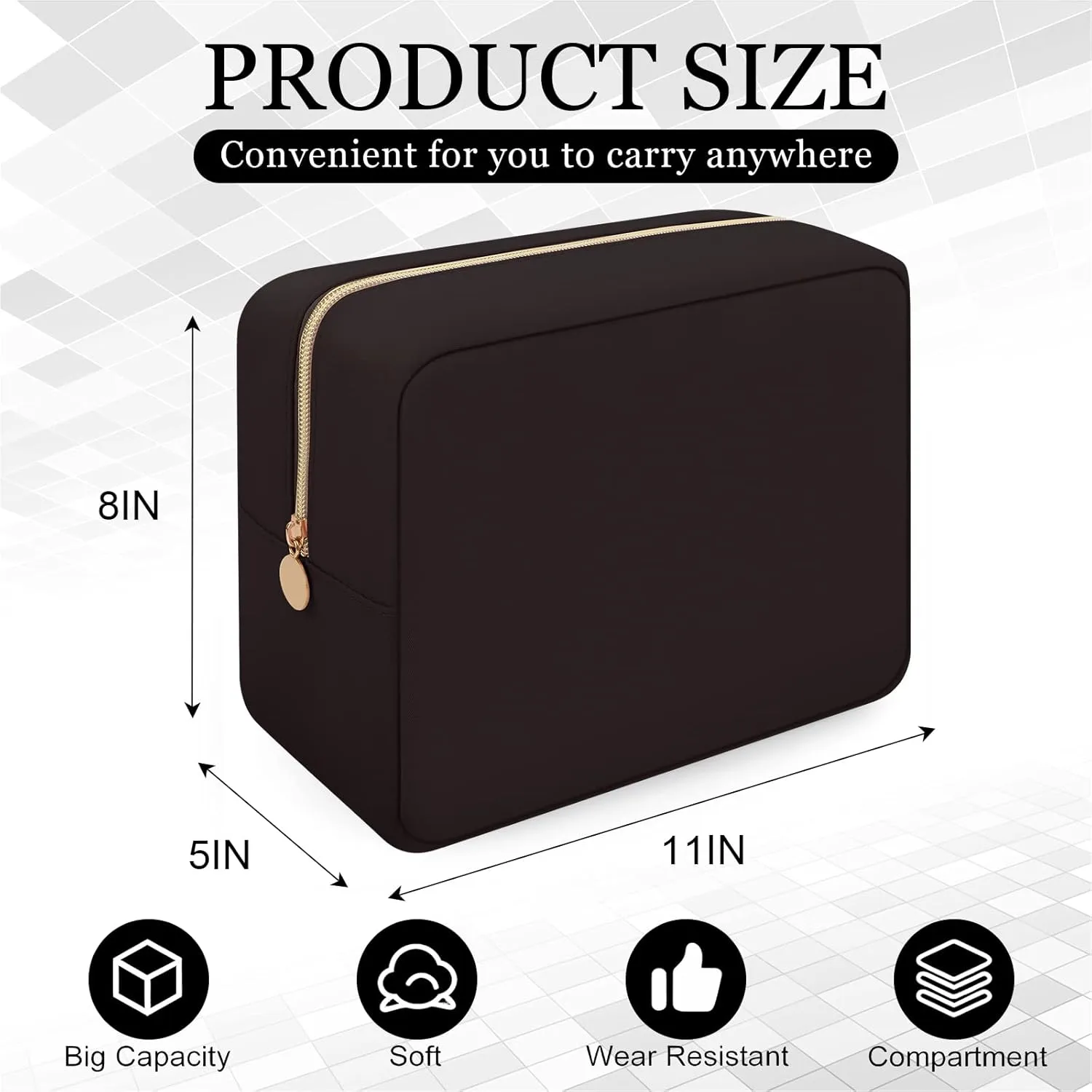 XSUIOY Makeup Bag Travel Bag Pouch for Purse, Cute Preppy Makeup Bag Cosmetic Zipper Pouch Purse Organizer Bag for Women, Waterproof Nylon Coin Pouch Sanitary Napkin Storage Bag for Work(Brown-Large)