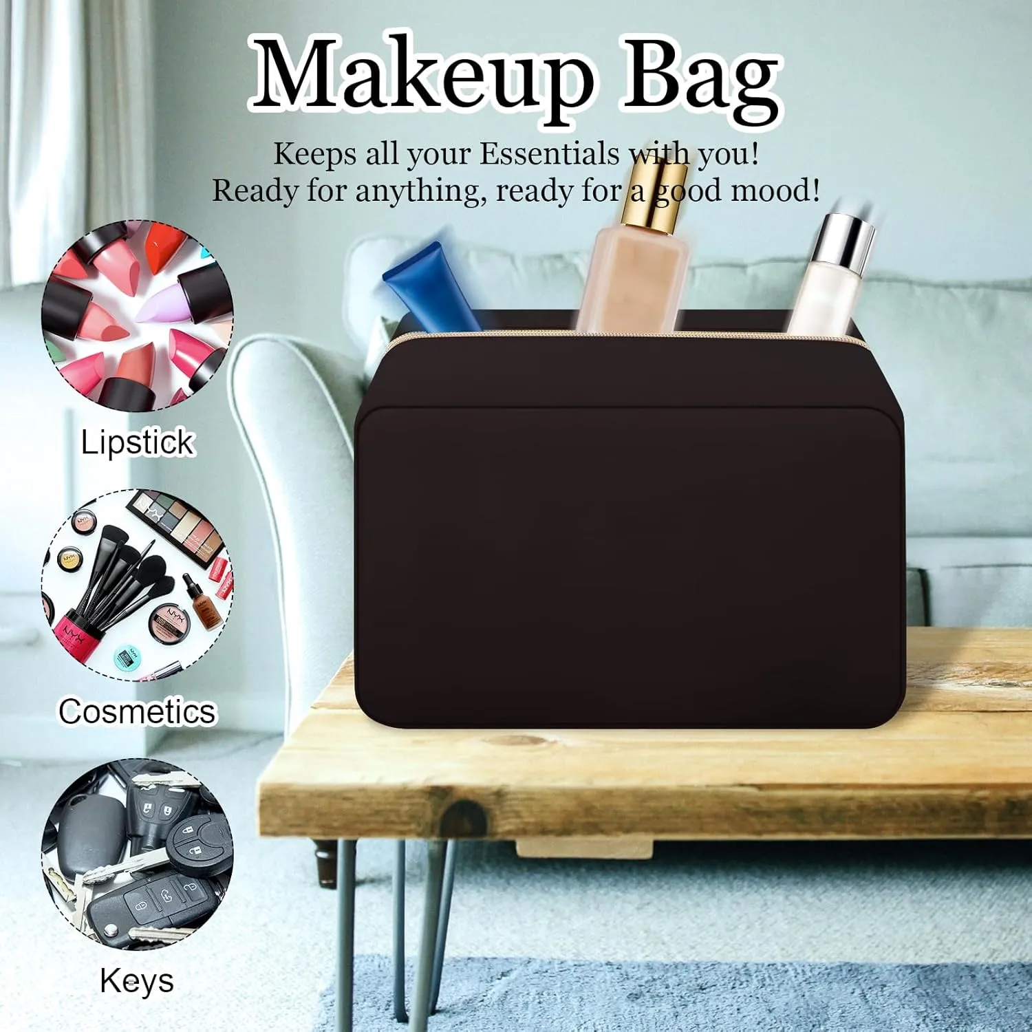 XSUIOY Makeup Bag Travel Bag Pouch for Purse, Cute Preppy Makeup Bag Cosmetic Zipper Pouch Purse Organizer Bag for Women, Waterproof Nylon Coin Pouch Sanitary Napkin Storage Bag for Work(Brown-Large)