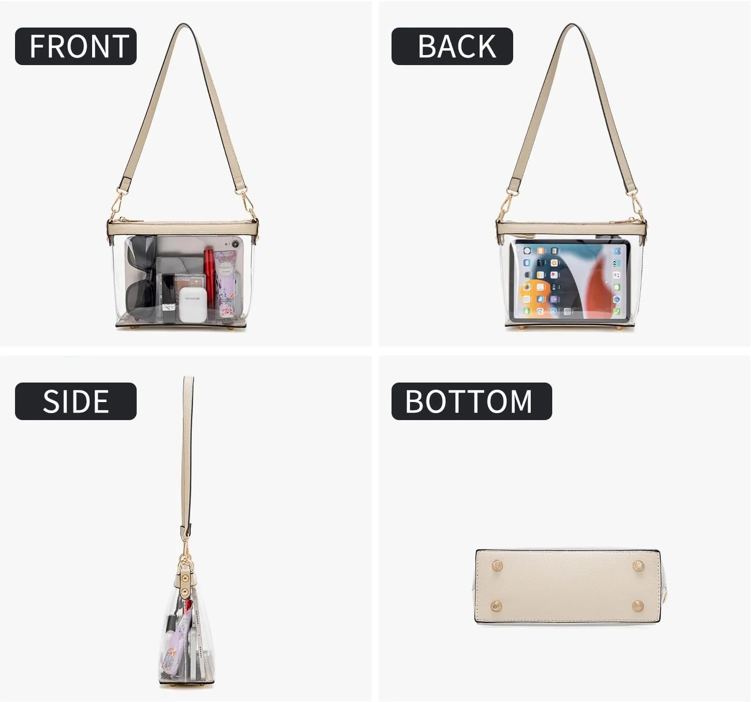 Y&R Direct 3-IN-1 Clear Zipper Crossbody Bag with Vegan Leather Trim Clear Purse for Stadium Festival Concert Gameday Gifts
