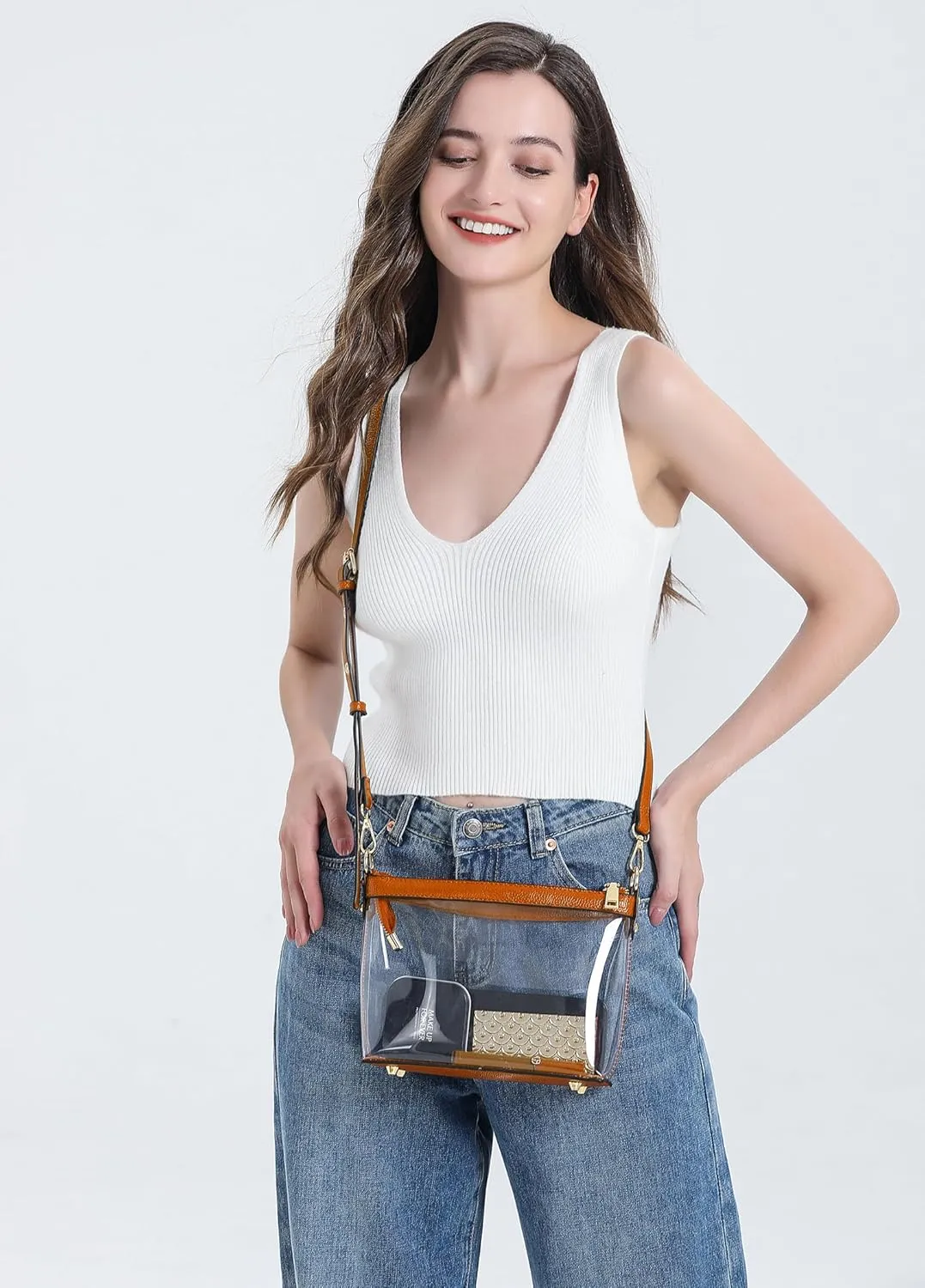 Y&R Direct 3-IN-1 Clear Zipper Crossbody Bag with Vegan Leather Trim Clear Purse for Stadium Festival Concert Gameday Gifts