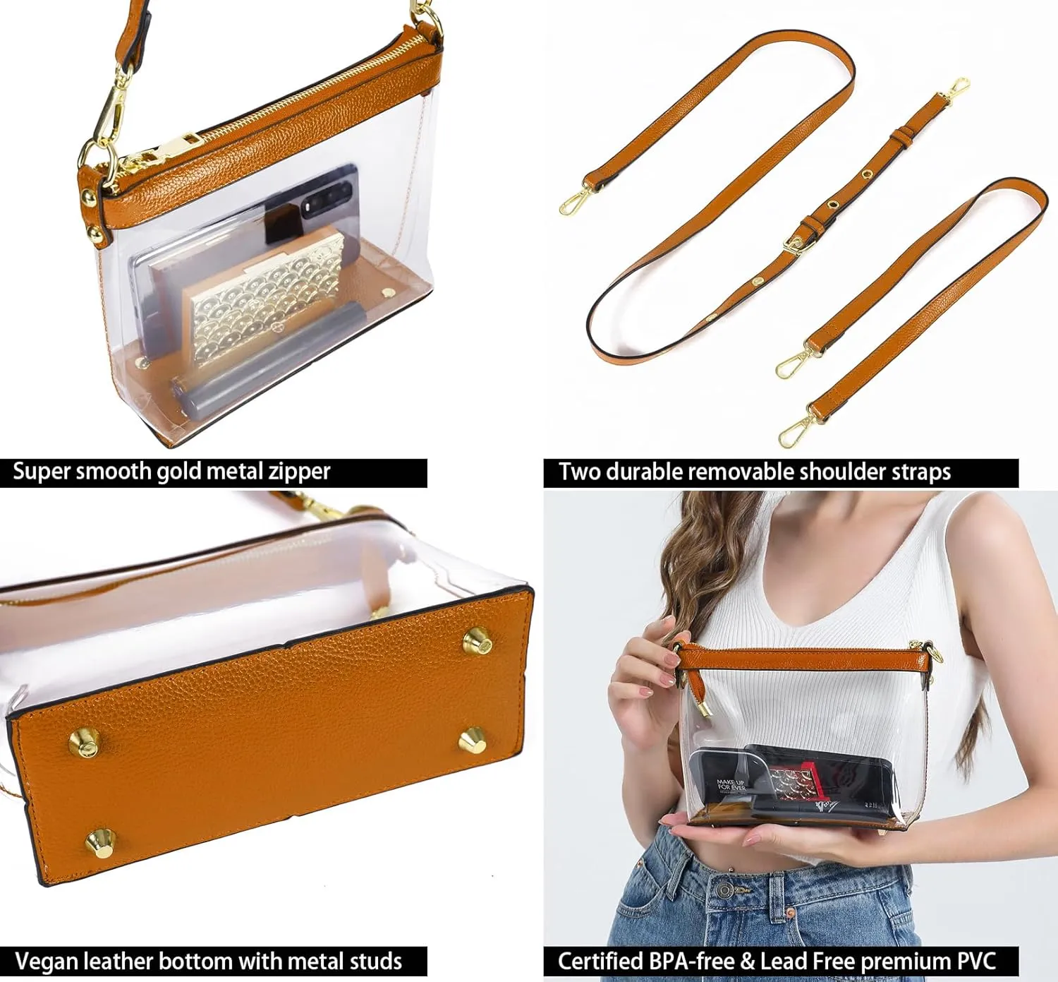 Y&R Direct 3-IN-1 Clear Zipper Crossbody Bag with Vegan Leather Trim Clear Purse for Stadium Festival Concert Gameday Gifts