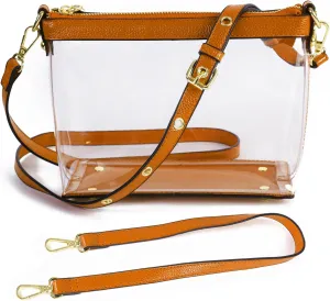 Y&R Direct 3-IN-1 Clear Zipper Crossbody Bag with Vegan Leather Trim Clear Purse for Stadium Festival Concert Gameday Gifts