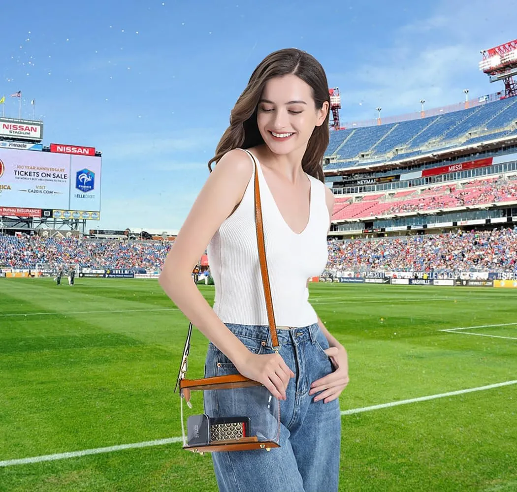 Y&R Direct 3-IN-1 Clear Zipper Crossbody Bag with Vegan Leather Trim Clear Purse for Stadium Festival Concert Gameday Gifts
