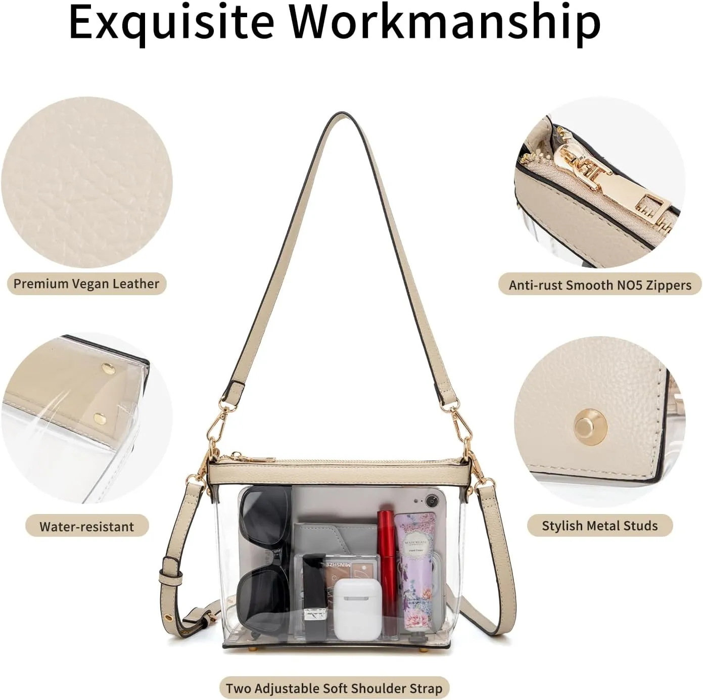 Y&R Direct 3-IN-1 Clear Zipper Crossbody Bag with Vegan Leather Trim Clear Purse for Stadium Festival Concert Gameday Gifts
