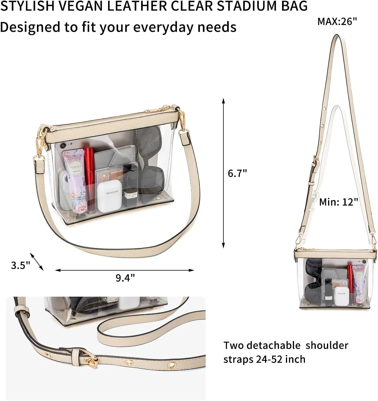 Y&R Direct 3-IN-1 Clear Zipper Crossbody Bag with Vegan Leather Trim Clear Purse for Stadium Festival Concert Gameday Gifts