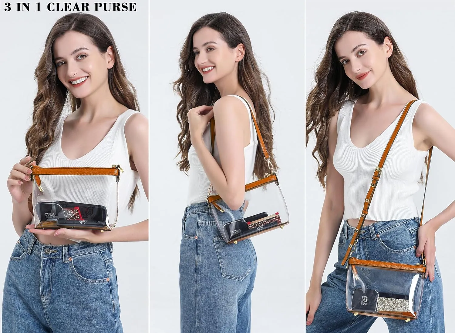 Y&R Direct 3-IN-1 Clear Zipper Crossbody Bag with Vegan Leather Trim Clear Purse for Stadium Festival Concert Gameday Gifts