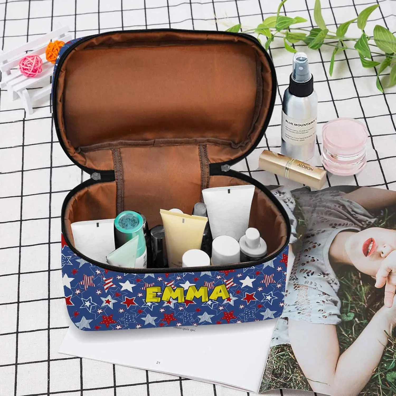 YESCUSTOM Personalized Makeup Bag Large Travel Cosmetic Bags for Girls Women Kids, American Flag Stars Waterproof Make up Organizer Case Toiletry Bag