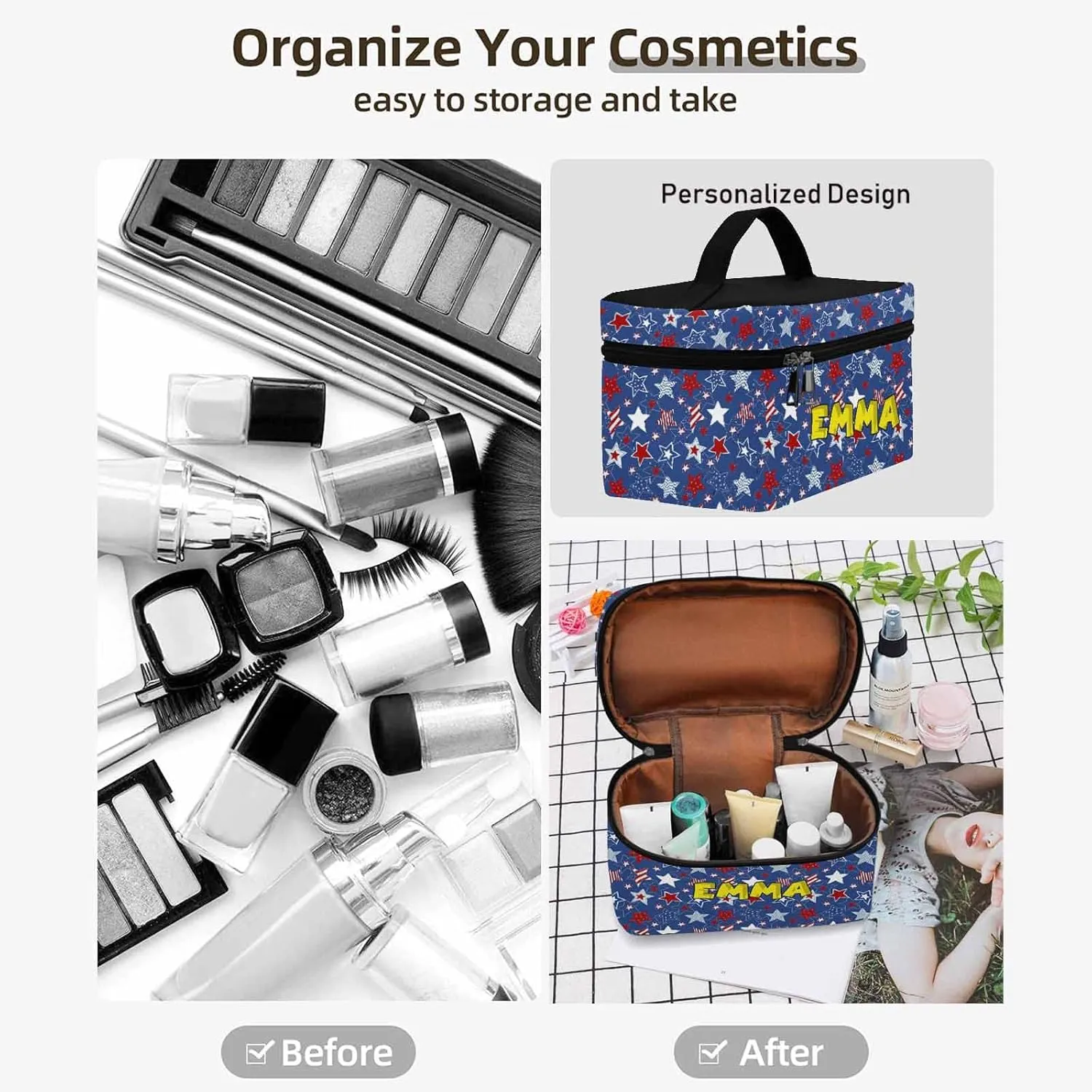 YESCUSTOM Personalized Makeup Bag Large Travel Cosmetic Bags for Girls Women Kids, American Flag Stars Waterproof Make up Organizer Case Toiletry Bag
