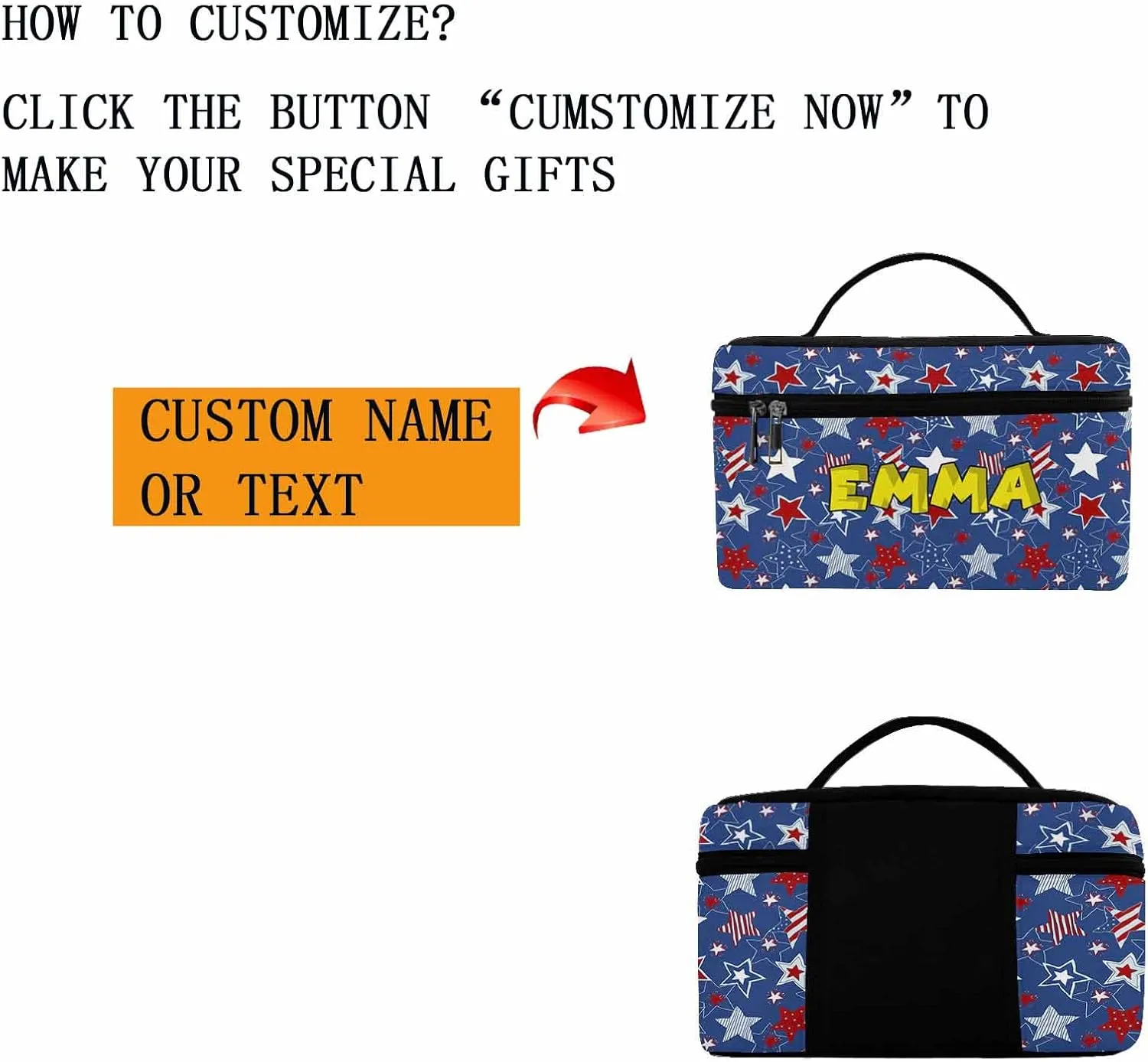 YESCUSTOM Personalized Makeup Bag Large Travel Cosmetic Bags for Girls Women Kids, American Flag Stars Waterproof Make up Organizer Case Toiletry Bag