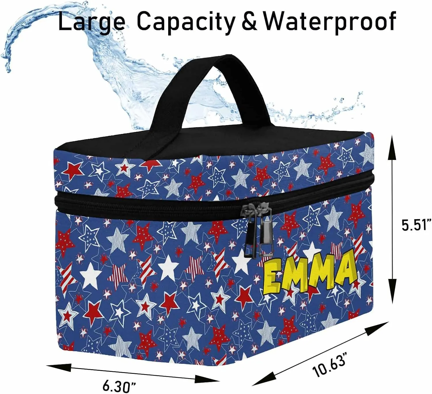 YESCUSTOM Personalized Makeup Bag Large Travel Cosmetic Bags for Girls Women Kids, American Flag Stars Waterproof Make up Organizer Case Toiletry Bag