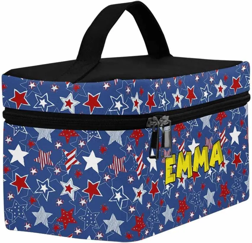 YESCUSTOM Personalized Makeup Bag Large Travel Cosmetic Bags for Girls Women Kids, American Flag Stars Waterproof Make up Organizer Case Toiletry Bag