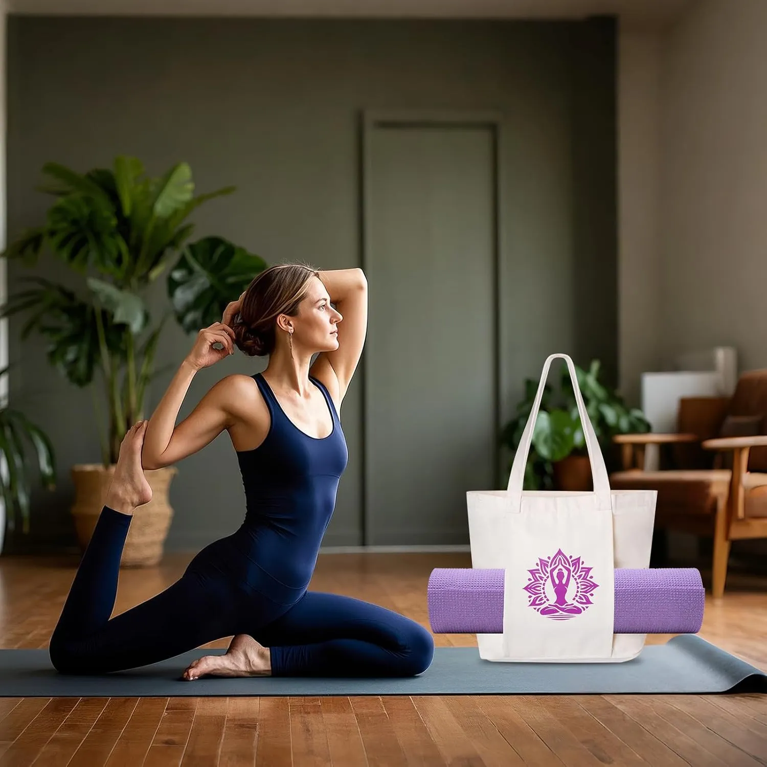 Yoga Mat Bag for Women Canvas Tote Bags with Yoga Mat Carrier Gym Bag for Workout Pilates Travel Beach and Office