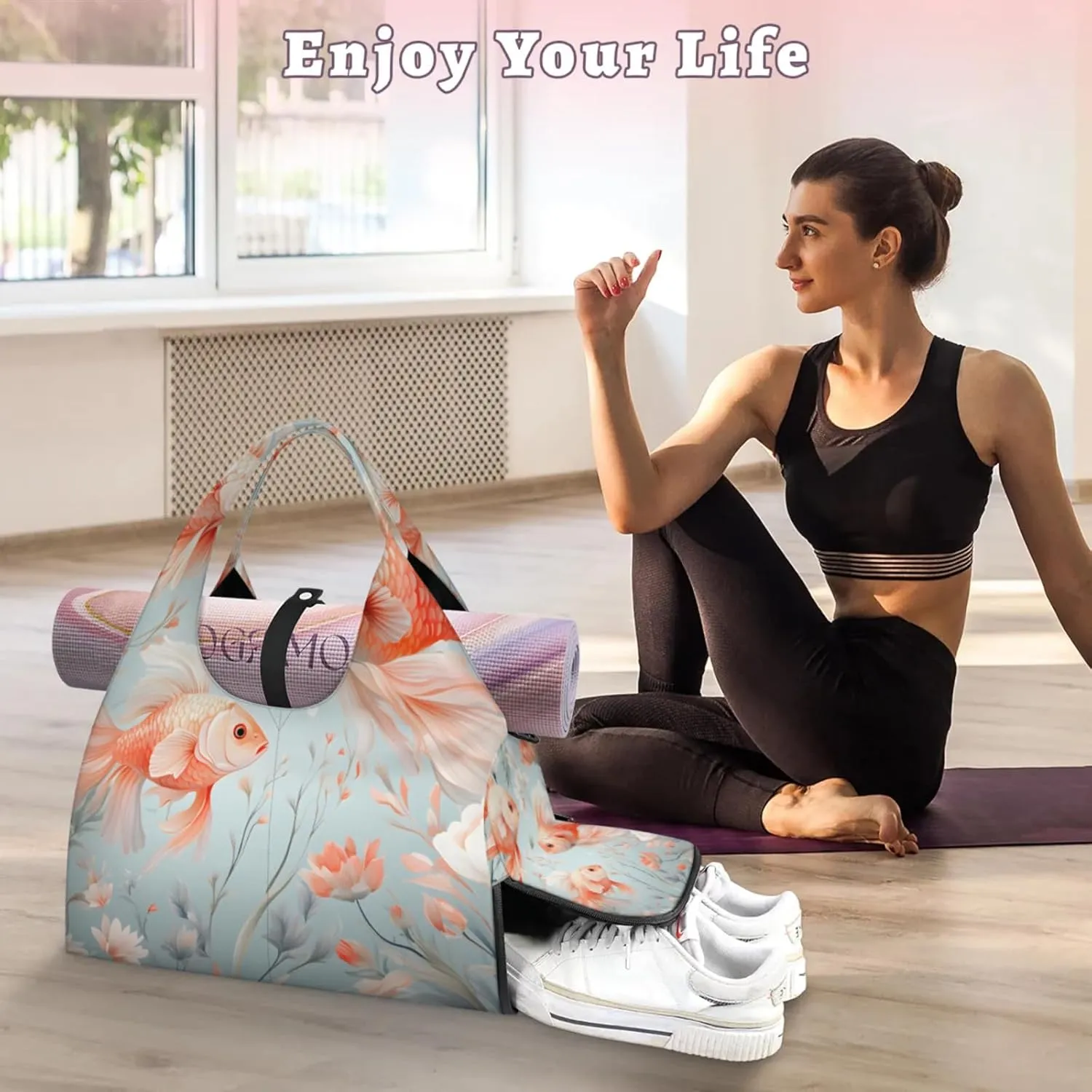Yoga Tote Bag for Women Beautiful Fishes Beach Bag with Shoe Storage & Yoga Mat Strap Waterproof Weekender Duffle Bag for Travel Fitness Weekend Trips