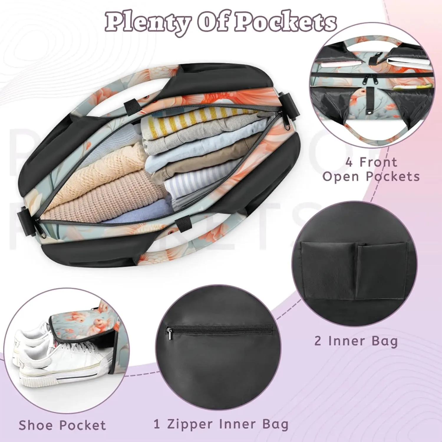 Yoga Tote Bag for Women Beautiful Fishes Beach Bag with Shoe Storage & Yoga Mat Strap Waterproof Weekender Duffle Bag for Travel Fitness Weekend Trips