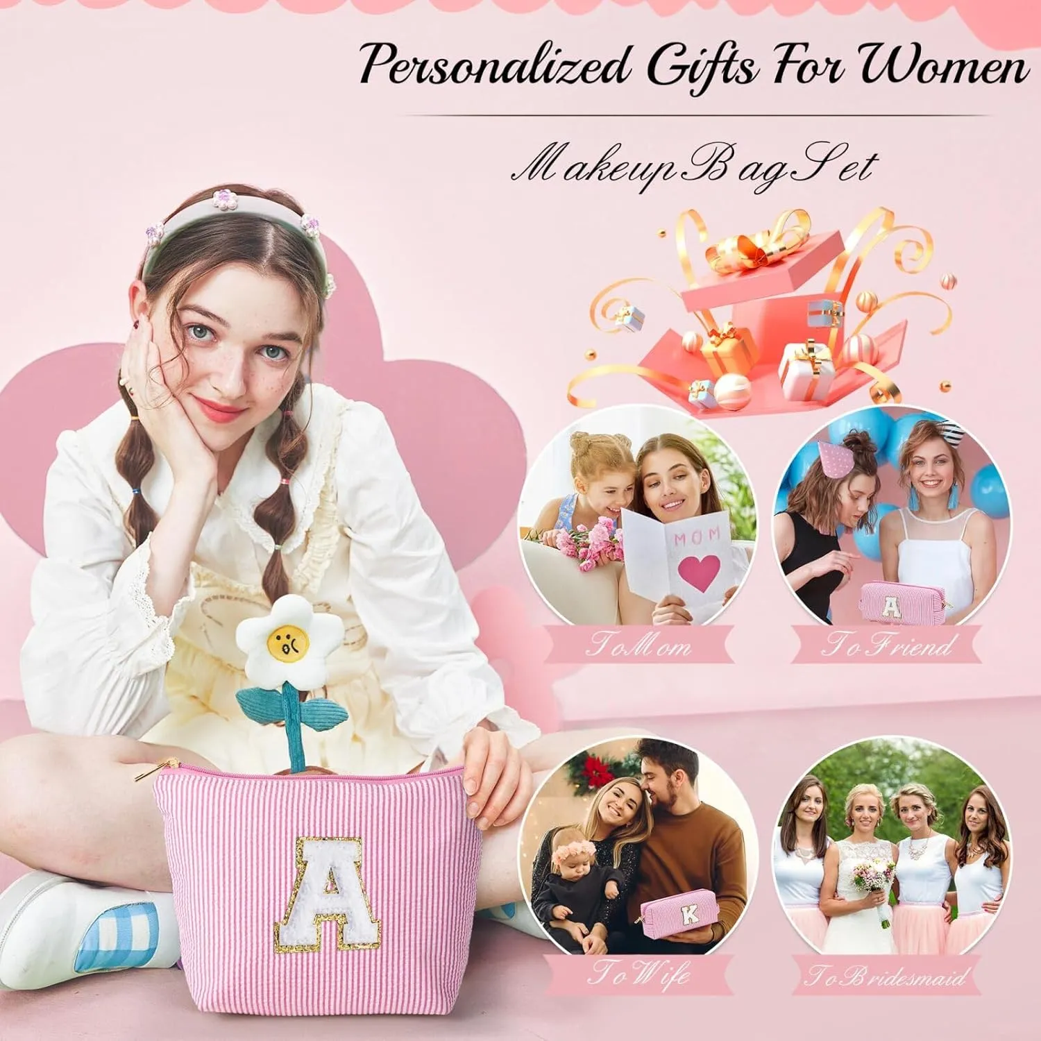 YOOLIFE Birthday Gift for Girls Makeup Bag Cosmetic Bag Teacher Gifts for 3 4 5 6 7 8 9 10 11 12 13 Year Old Girls Pink J