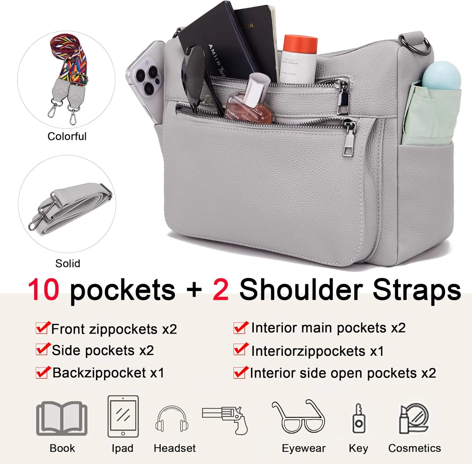 YZAOLL Large Crossbody Bag for Women Vegan Leather Tote with Adjustable Wide Strap Water-resistant Work Purse with 10 Pockets