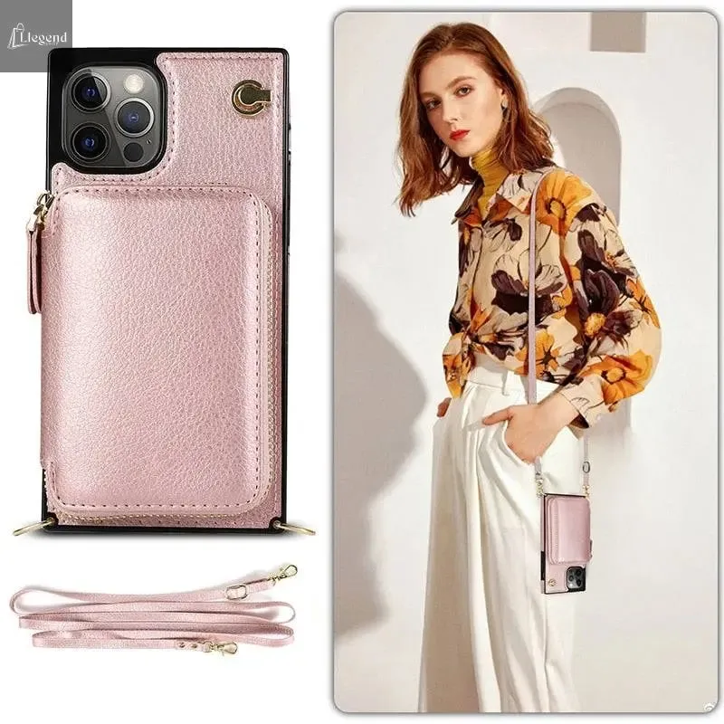 Zipper Wallet Case with Adjustable Crossbody Strap for iphone