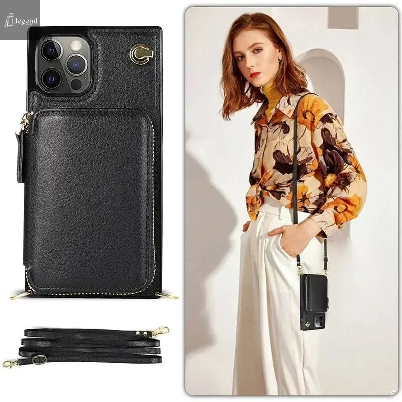 Zipper Wallet Case with Adjustable Crossbody Strap for iphone